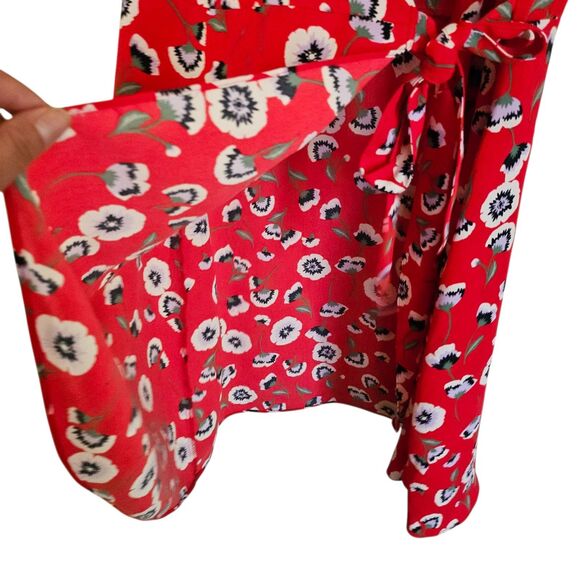 J.‎ Crew Dress 8 Wrap Day Red Floral Poppy Print Short Sleeve Tie Belted Boho - Picture 6 of 10